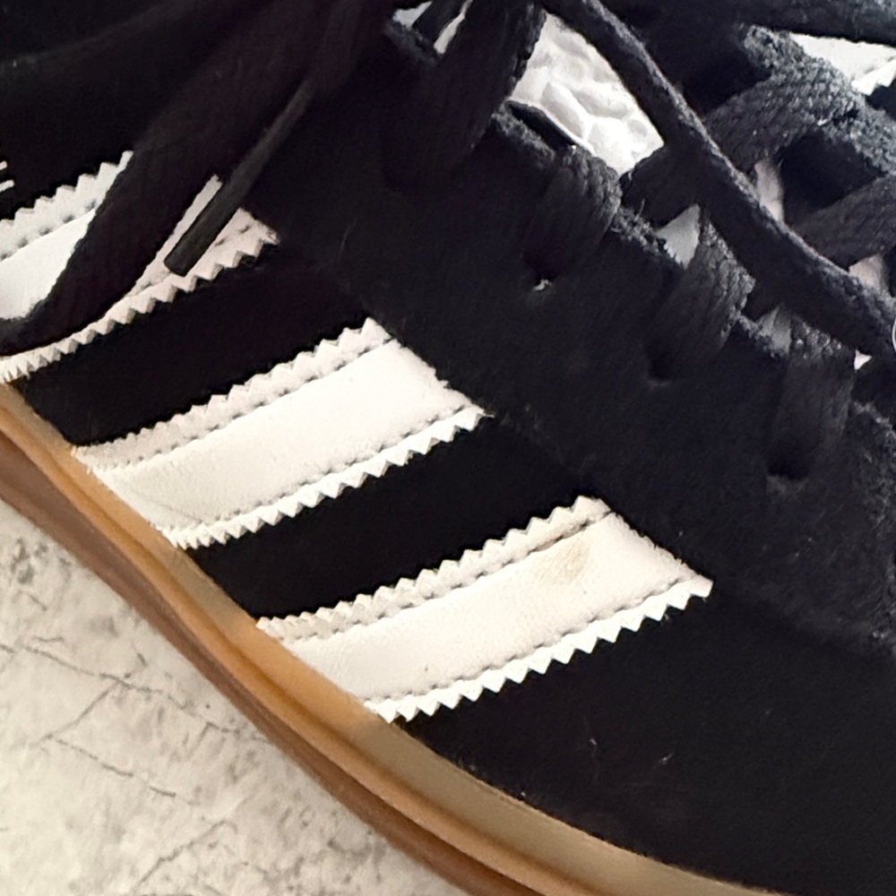 adidas platflorn Black Suede Sneakers with White Stripes and Gum Sole - Picture 3 of 5